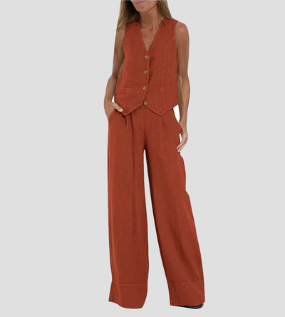 Aira | Chaleco Abotonado y Conjunto de Pantalón de Pierna Ancha