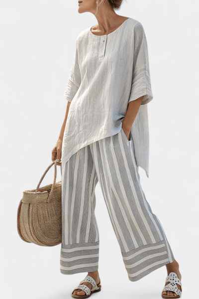 Francesca | Conjunto de Blusa Asimétrica y Pantalón a Rayas