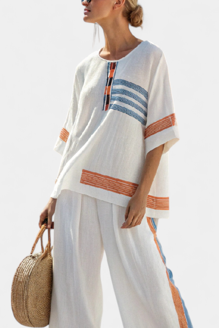 Carmela | Conjunto de Lino Blanco con Rayas Azules y Naranjas