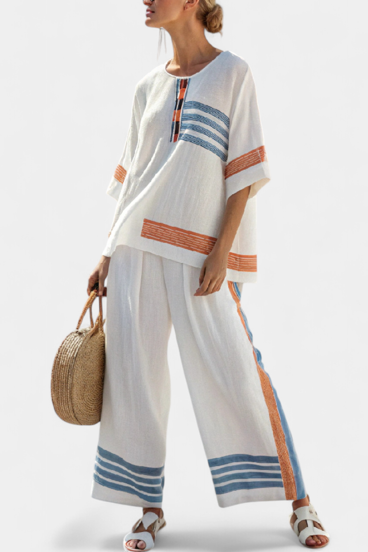 Carmela | Conjunto de Lino Blanco con Rayas Azules y Naranjas