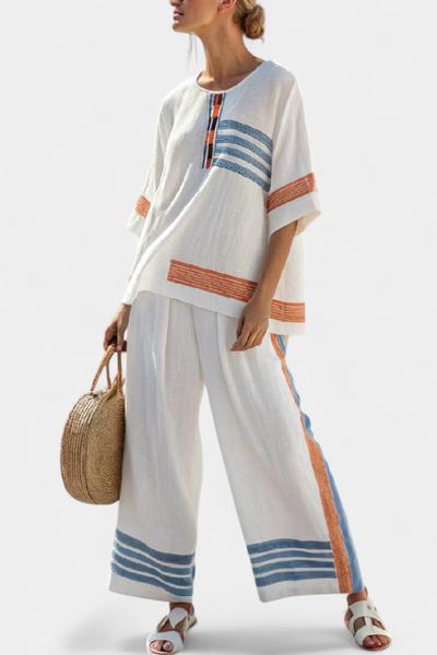 Carmela | Conjunto de Lino Blanco con Rayas Azules y Naranjas