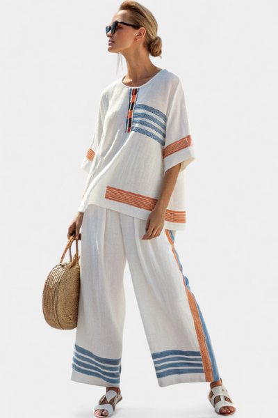 Carmela | Conjunto de Lino Blanco con Rayas Azules y Naranjas
