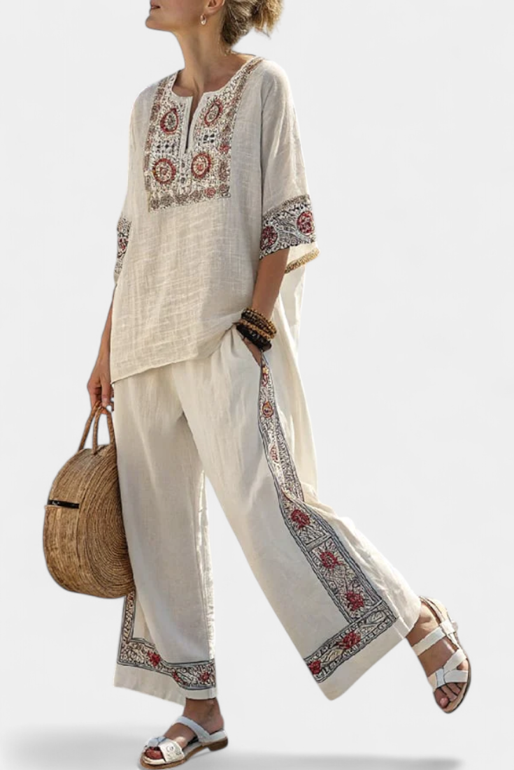Gabriella | Conjunto Mediterráneo Bordado de Bambú-Lino